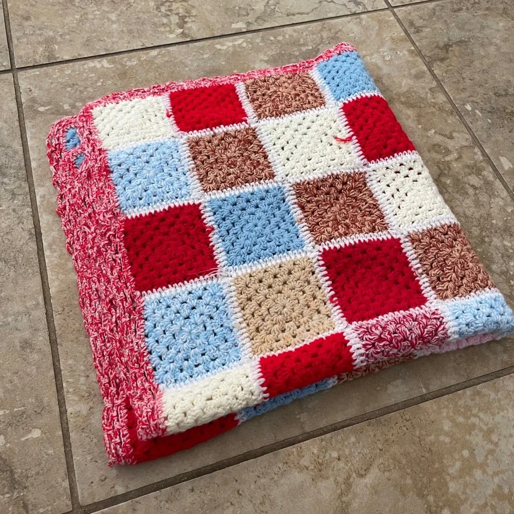 Handmade Crochet Granny Square Baby Blanket Patchwork Red Blue White 25x26